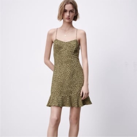 Zara PRINTED MINI DRESS animal print green size small - Picture 1 of 6